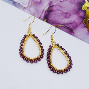 Plum Purple and Gold Beaded Teardrop Dangle Earrings | Hypoallergenic Earrings | Purple Earrings | Purple Dangle Earrings | Purple Jewelry