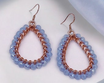 Baby Blue and Rose Gold Beaded Teardrop Dangle Earrings |  Hypoallergenic Earrings | Blue Crystal Earrings | Rose Gold Earrings | Gift Idea