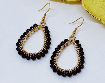 Black and Gold Beaded Teardrop Dangle Earrings | Hypoallergenic Earrings | Black Crystal Earrings | Teardrop Earrings | Gift for Her