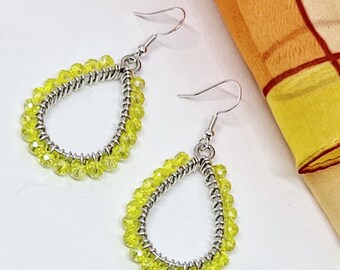 Yellow and Silver Beaded Teardrop Dangle Earrings | Hypoallergenic Earrings | Sterling Silver | Yellow Crystal Earrings | Cheerful Earrings