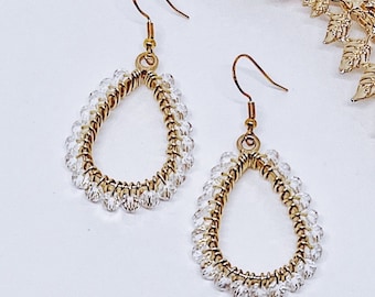 Clear and Gold Beaded Teardrop Dangle Earrings | Hypoallergenic Earrings | Crystal Earrings | Teardrop Earrings | Clear Earrings | Gift Idea