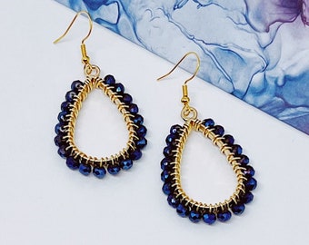 Dark Blue and Gold Beaded Teardrop Dangle Earrings | Hypoallergenic Earrings | Blue Crystal Earrings | Royal Blue Jewelry | Gold Earrings