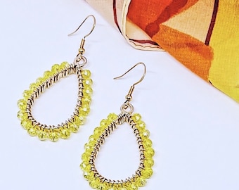 Yellow and Gold Beaded Teardrop Dangle Earrings | Hypoallergenic Earrings | Yellow Crystal Earrings | Teardrop Earrings | Cheerful Earrings
