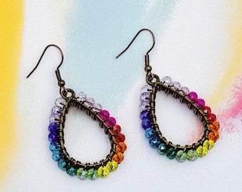 Pride Rainbow Bronze Beaded Teardrop Dangle Earring | Hypoallergenic Earring | Crystal Earring | Gift Idea | Bronze Earring | Ally Earring