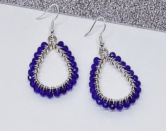 Royal Blue and Silver Beaded Teardrop Dangle Earrings | Hypoallergenic | Sterling Silver Earrings | Blue Earrings | Silver Dangle Earrings