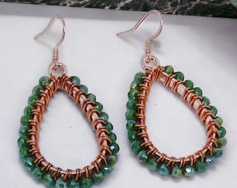 Green and Rose Gold Beaded Teardrop Dangle Earrings |  Hypoallergenic Earrings | Pastel Purple Earrings | Rose Gold Earrings | Gift for Mom