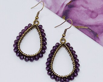 Plum Purple and Bronze Beaded Teardrop Dangle Earrings Hypoallergenic