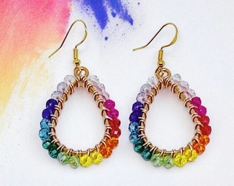 Pride Rainbow Gold Beaded Teardrop Dangle Earrings | Hypoallergenic Earrings | Blue Crystal Earrings | Teardrop Earrings | Ally Earrings