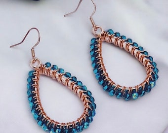 Electric Blue and Rose Gold Beaded Teardrop Dangle Earrings |  Hypoallergenic Earrings | Blue Crystal Earrings | Rose Gold Earrings | Gift