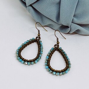 Blue and Bronze Beaded Teardrop Dangle Earrings | Hypoallergenic Earrings | Blue Crystal Earrings | Bronze Earrings | Blue Jewelry | Trendy