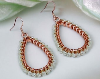 Sage Green and Rose Gold Beaded Teardrop Dangle Earrings |  Hypoallergenic Earrings | Pastel Purple Earrings | Rose Gold Earrings | Gift