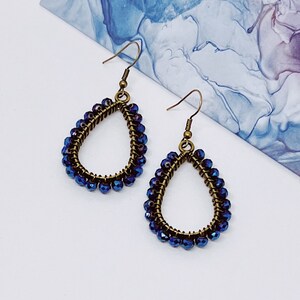 Dark Blue and Bronze Beaded Teardrop Dangle Earrings | Hypoallergenic Earrings | Blue Crystal Earrings | Royal Blue Jewelry | Bronze Earring