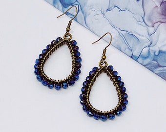 Dark Blue and Bronze Beaded Teardrop Dangle Earrings | Hypoallergenic Earrings | Blue Crystal Earrings | Royal Blue Jewelry | Bronze Earring