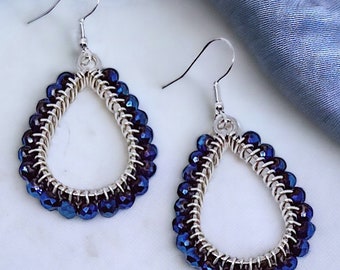 Dark Blue and Silver Beaded Teardrop Dangle Earrings | Hypoallergenic Earrings | Sterling Silver Earrings | Blue Crystal Earrings | Gift