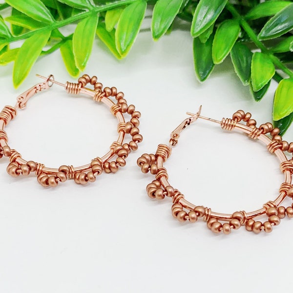 Copper Beaded Hoop Earrings | Medium Hoop Earrings | 40mm Hoop Earrings | Beaded Earrings | Copper Jewelry | Rose Gold Earrings | Gift Idea