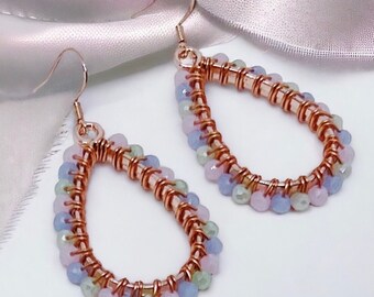 Rose Gold Beaded Teardrop Dangle Earrings |  Hypoallergenic Earrings | Pastel Earrings |  Rose Gold Earrings | Gift Ideas for Mothers Day