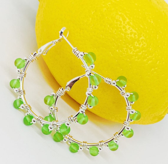 Lime Green Hoop Earrings Green Earrings Bright Hoop Etsy