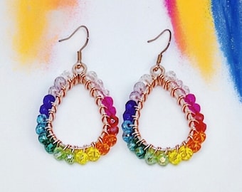 Pride Rainbow Rose Gold Beaded Teardrop Dangle Earrings |  Hypoallergenic Earrings | Crystal Earrings | Rose Gold Earrings | Ally Earrings
