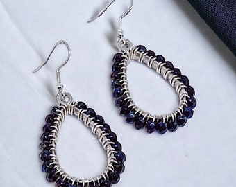 Black Iris and Silver Beaded Teardrop Dangle Earrings | Hypoallergenic Earrings | Sterling Silver Earrings | Black Glass Earrings | Gift