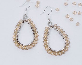 Champagne and Silver Beaded Teardrop Dangle Earrings | Hypoallergenic Earrings | Sterling Silver Earrings | Sterling Silver Jewelry | Gift I