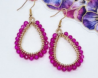 Bright Pink and Gold Beaded Teardrop Dangle Earrings | Hypoallergenic Earrings | Pink Crystal Earrings | Crystal Jewelry | Pink Earrings