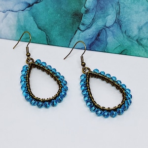 Bright Blue and Bronze Beaded Teardrop Dangle Earrings | Hypoallergenic Earrings | Blue Crystal Earrings | Gift for Her | Bronze Earrings