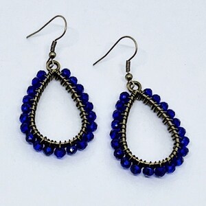 Royal Blue and Bronze Beaded Teardrop Dangle Earrings Hypoallergenic
