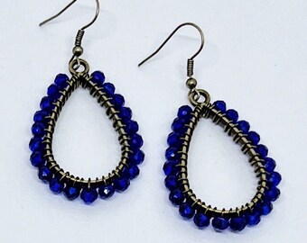 Royal Blue and Bronze Beaded Teardrop Dangle Earrings Hypoallergenic