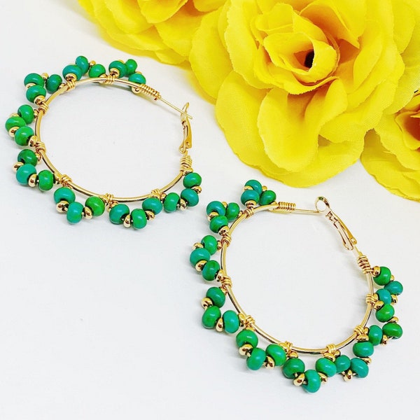 Green and Gold Magnesite Gemstone Hoop Earrings | Gemstone Earrings | Gemstone Hoop Earrings | Gold Hoop Earrings | Green Earrings | Gift
