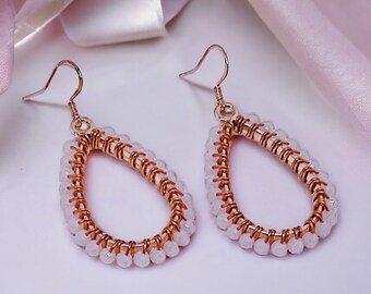 Pink and Rose Gold Beaded Teardrop Dangle Earrings | Hypoallergenic Earrings | Pale Pink Dangle Earrings | Pink Beaded Earrings | Rose Gold