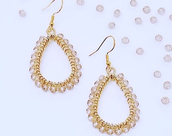Champagne and Gold Beaded Teardrop Dangle Earrings | Hypoallergenic Earrings | Crystal Earrings | Teardrop Earrings | Champagne Earrings