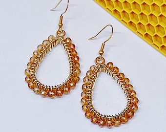 Orange and Gold Beaded Teardrop Dangle Earrings | Hypoallergenic Earrings | Orange Crystal Earrings | Teardrop Earrings | Gift Idea for Her