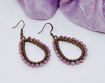 Purple and Bronze Beaded Teardrop Dangle Earrings Hypoallergenic