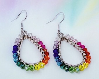Pride Rainbow Silver Beaded Teardrop Dangle Earrings | Hypoallergenic Earrings | Sterling Silver Earrings | Sterling Silver | Ally Earrings
