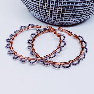 Navy and Rose Gold Beaded Hoop Earrings | Large Hoop Earrings | Size 50mm Hoop Earrings | Blue Hoop Earrings | Navy Earrings | Gift Ideas
