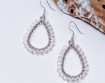Clear and Silver Beaded Teardrop Dangle Earrings | Hypoallergenic Earrings | Sterling Silver Earrings | Sterling Silver Jewelry | Gift Idea