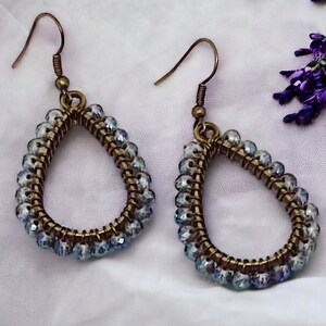 Iridescent Blue and Bronze Beaded Teardrop Dangle Earrings Hypoallergenic