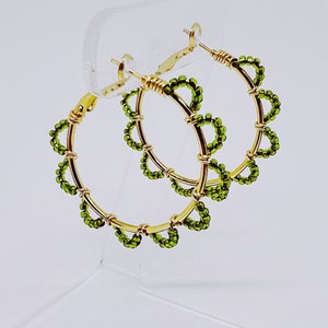 Green and Gold Beaded Hoop Earrings | Medium Hoop Earrings | 40mm Hoop Earrings | Green Hoop Earrings | Gold Hoops | Beaded Hoop Earrings