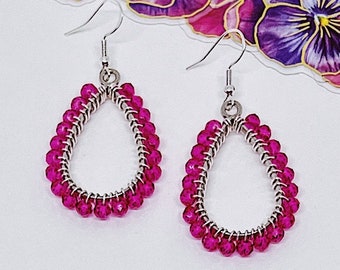 Bright Pink and Silver Beaded Teardrop Dangle Earrings | Hypoallergenic Earrings | Sterling Silver Earrings | Pink Crystal Earrings | Gift