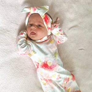 Newborn Girl Coming Home Outfit, Baby Girl Coming Home Outfit, Knotted Gown, Knotted Sleeper, Watercolor Peony Floral, Premie Girl