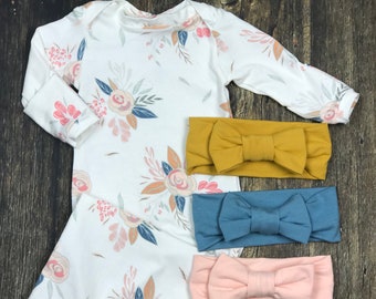 Newborn Girl Coming Home Outfit, Baby Girl Take Home Outfit, Newborn Gown,  Sleeper, Girl Floral Outfit, Baby Shower