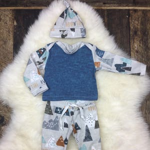 Newborn boy coming home outfit, baby boy take home outfit in Adventure Awaits, Adventure Awaits leggings, laptee, beanie, premie boy, baby