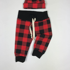 Baby boy buffalo plaid joggers/beanie/newborn boy red buffalo pants, hat/baby boy red plaid/ baby shower/ premie boy outfit