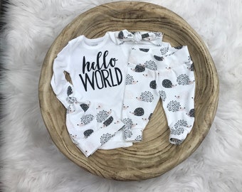 Hedgehog legging take home outfit hello I\u2019m new here custom onesie short gown drool bib knot hat