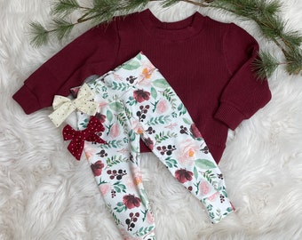 Christmas Outfit: Floral leggings, organic waffle knit crew top, Christmas bow/baby first Christmas/girl Christmas outfit/organic clothes