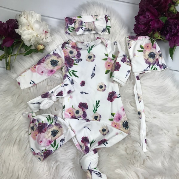Newborn Girl Coming Home Outfit, Baby Girl Coming Home Outfit, Knotted Gown, Knotted Sleeper, Watercolor Floral, Premie Girl, floral bow/hat