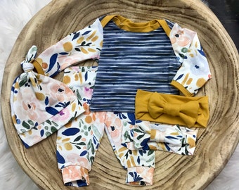 Chica recién nacida que viene a casa traje, traje de niña bebé; Atuendo para recién nacidos; Acuarela Floral; Ducha de bebé; Niña/Chica Premie