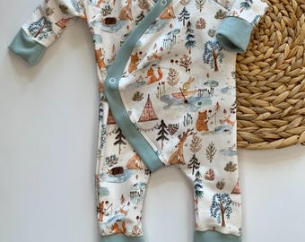Organic Baby clothing/gender neutral baby outfit/forest animals/baby boy/baby girl/baby gift/Premie-24 months/fold over footie/made in USA