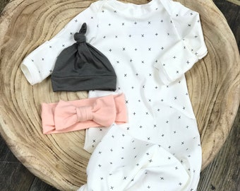 Recién nacido Unisex que viene a casa traje, género neutro traje de bebé, vestido unisex con nudo, ropa de recién nacido, ropa de premie, ducha de bebé