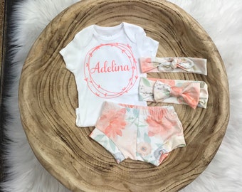 Baby Girl Coming Home Outfit/Summer Clothing:Personalized Baby/Floral Baby Shorts/Premie/Newborn Girl/Newborn Photography/Baby Shower